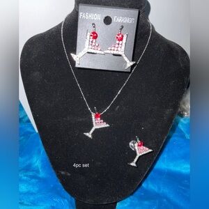 VINTAGE 4pc COSMO COCTAIL JEWELRY SET NECKLACE & EARRINGS +BROOCH W/ GIFTBOX NEW